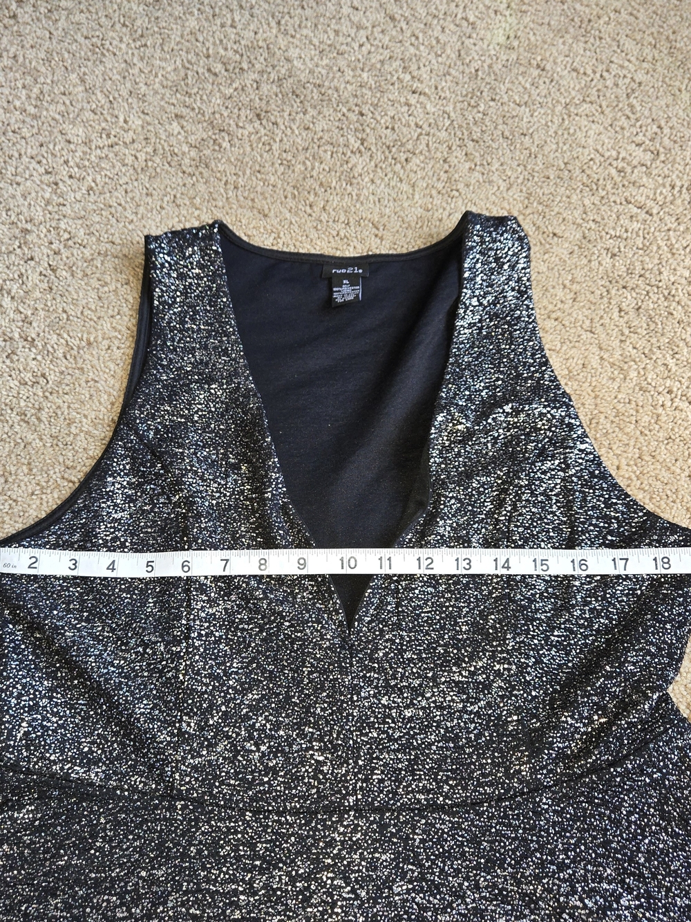 Rue21 Metallic Glitter Skater Dress XL Silver Black Deep V-Neck Mini Party - Picture 5 of 8